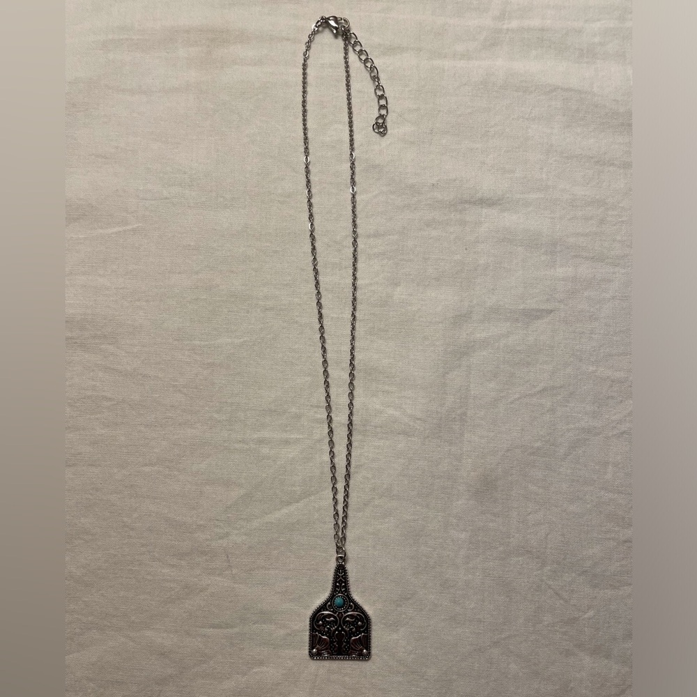 Silver Cow Tag Necklace with Faux Turquoise Stone - Picture 4 of 9